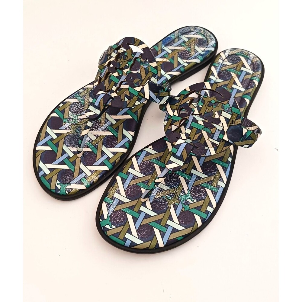 Tory Burch Miller Felt Printed Tumbled Leather Navy Caning Logo Print US 8.5M